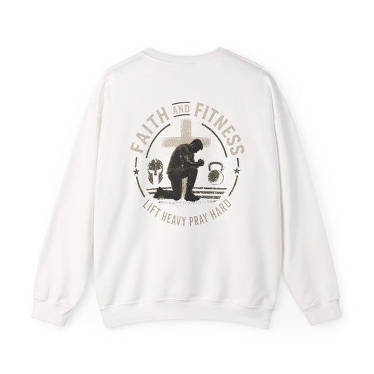 Faith & Fitness Crewneck Sweatshirt — “Lift Heavy Pray Hard” Christian Gym Pullover