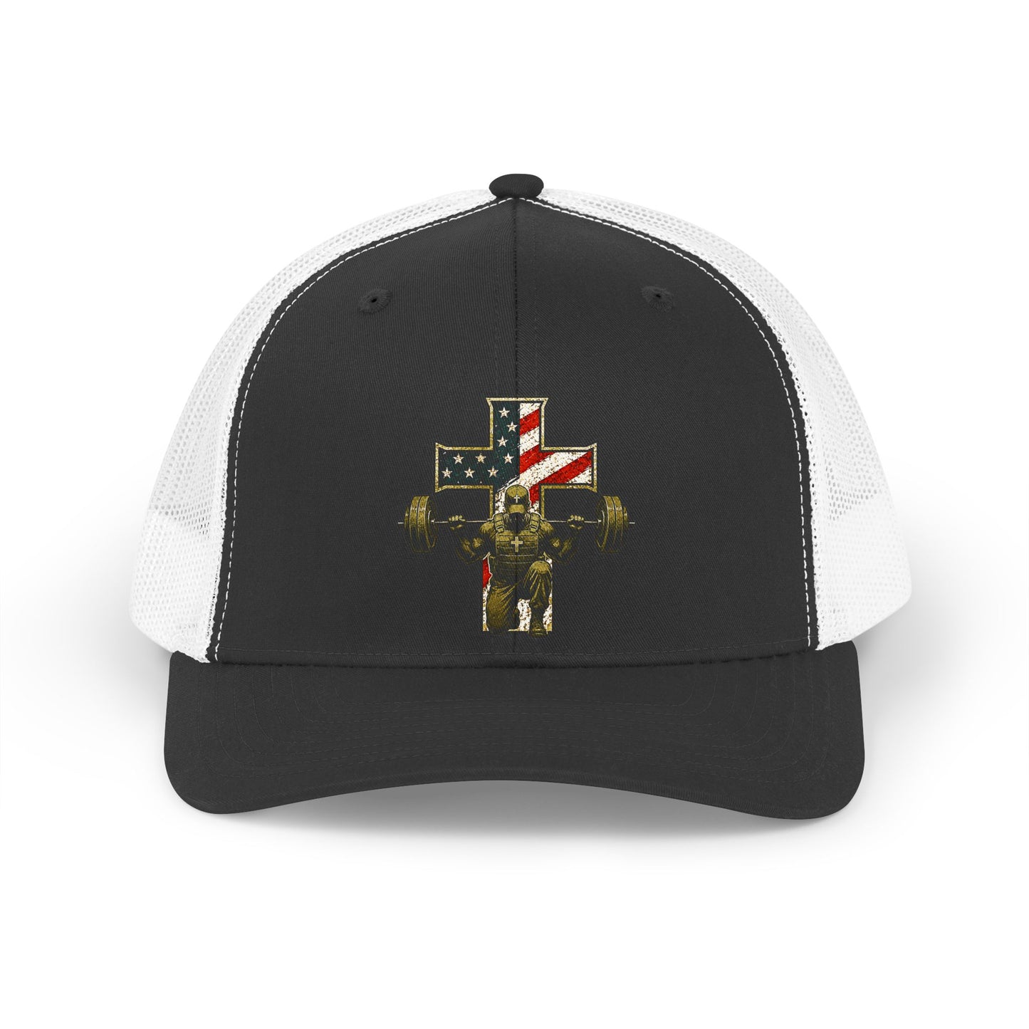 Retro Trucker Hat — American Flag Cross Weightlifter Mesh Cap