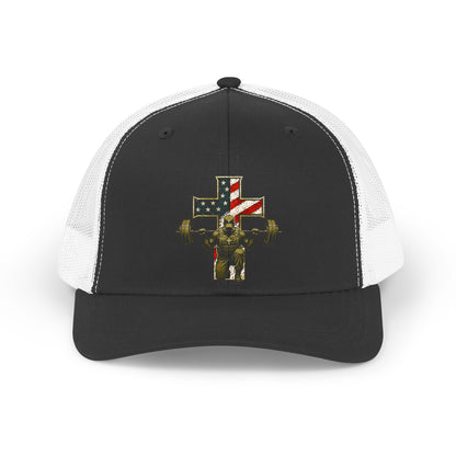 Retro Trucker Hat — American Flag Cross Weightlifter Mesh Cap
