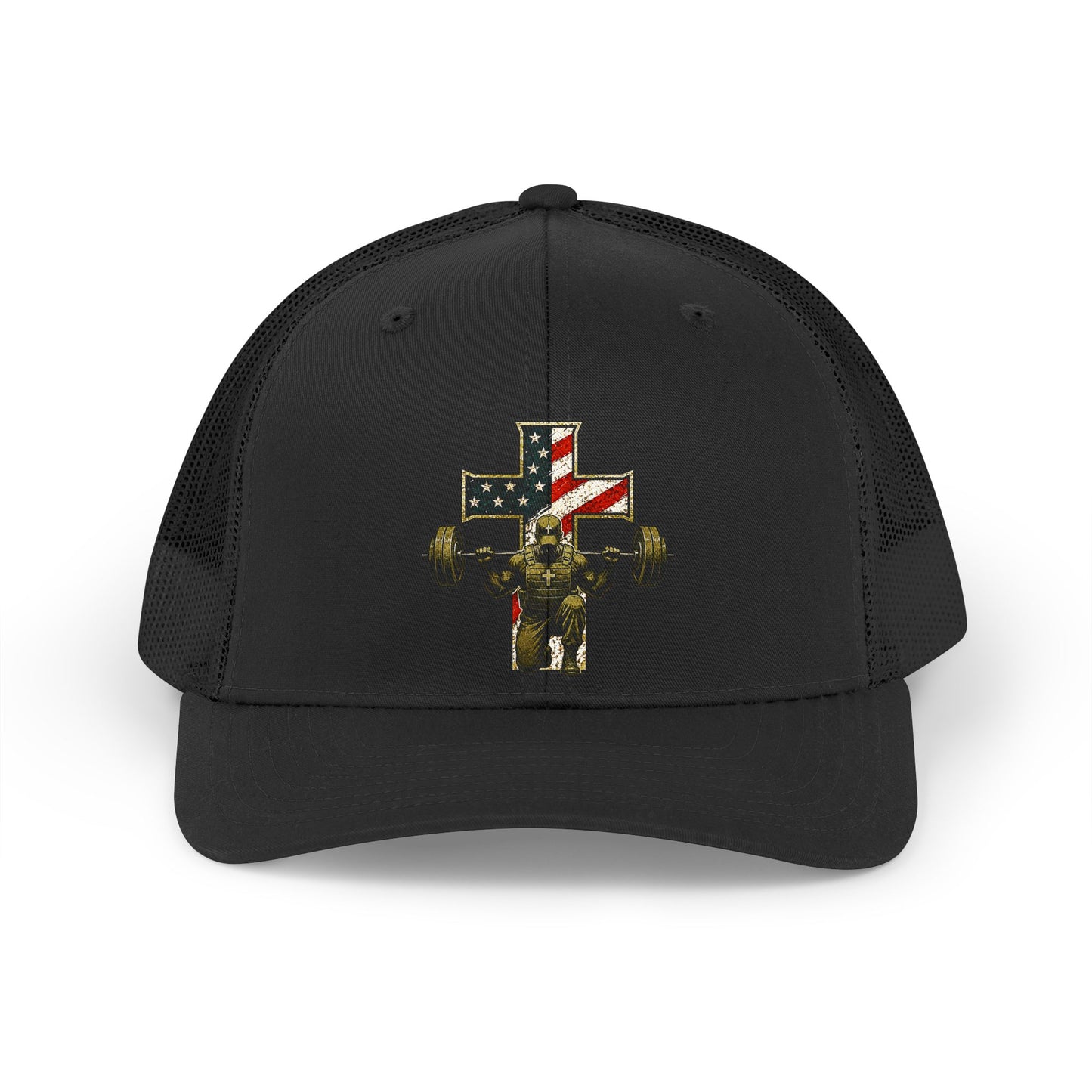 Retro Trucker Hat — American Flag Cross Weightlifter Mesh Cap