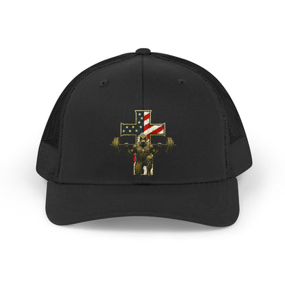 Retro Trucker Hat — American Flag Cross Weightlifter Mesh Cap