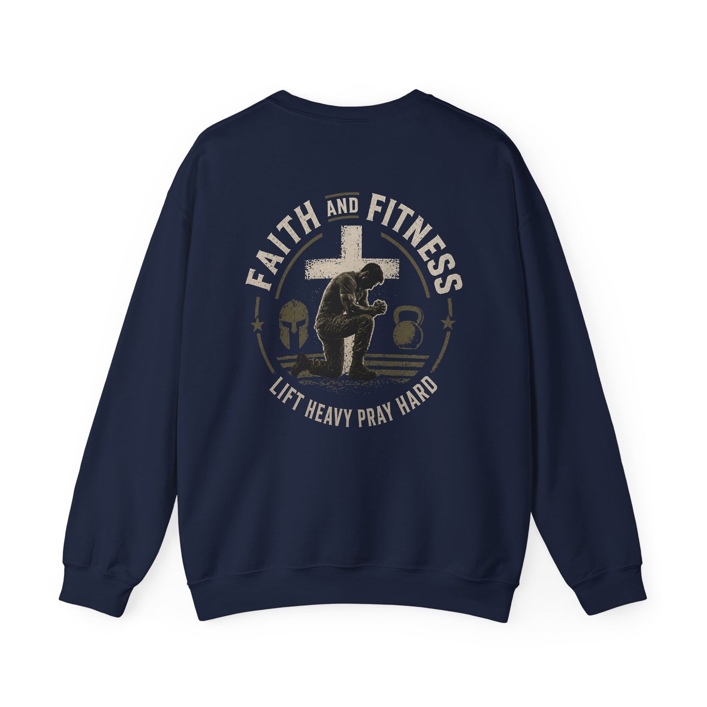 Faith & Fitness Crewneck Sweatshirt — “Lift Heavy Pray Hard” Christian Gym Pullover