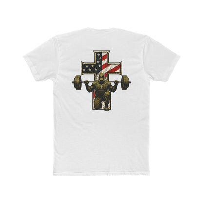 American Flag Cross Weightlifter T-Shirt — Patriotic Gym Workout Tee