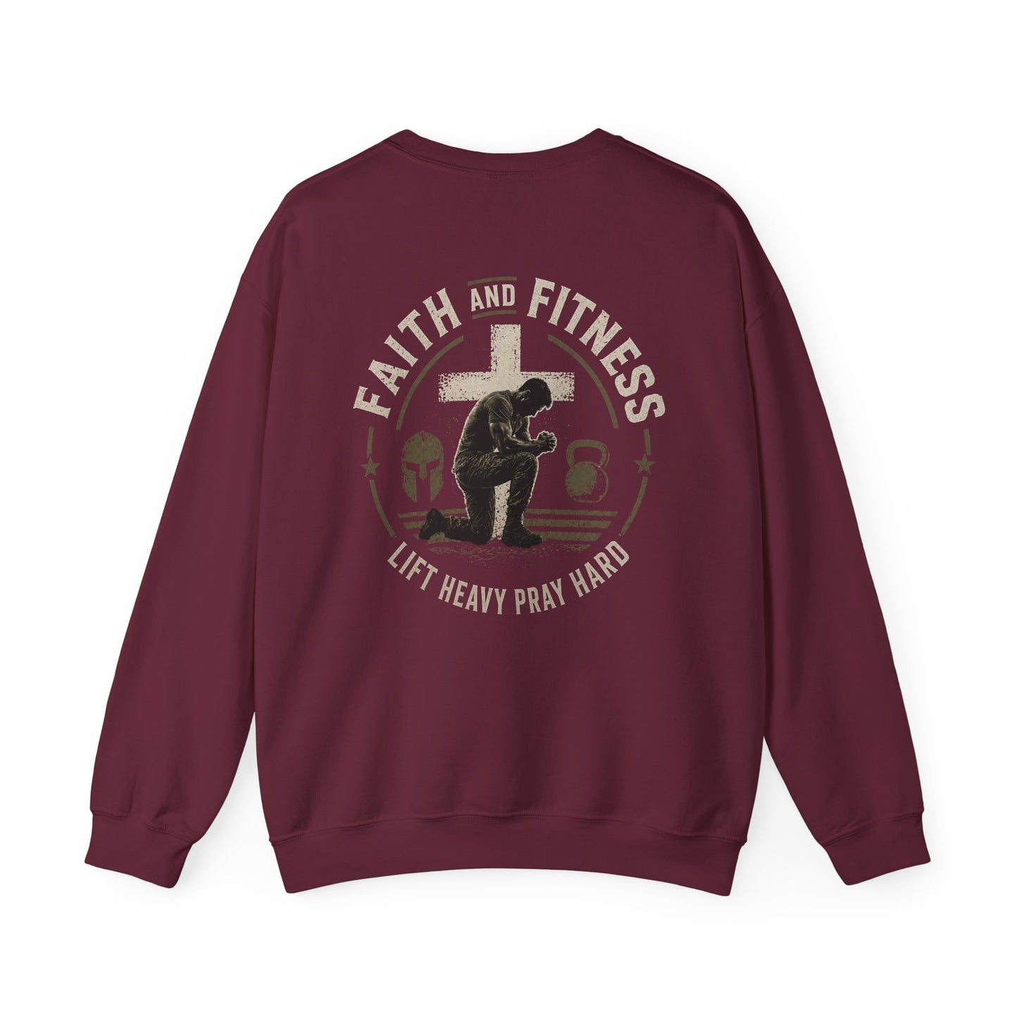 Faith & Fitness Crewneck Sweatshirt — “Lift Heavy Pray Hard” Christian Gym Pullover