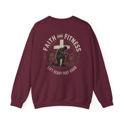 Faith & Fitness Crewneck Sweatshirt — “Lift Heavy Pray Hard” Christian Gym Pullover