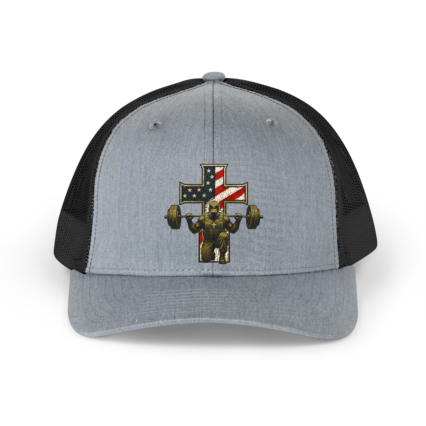 Retro Trucker Hat — American Flag Cross Weightlifter Mesh Cap