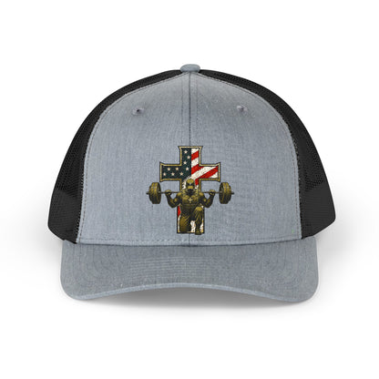 Retro Trucker Hat — American Flag Cross Weightlifter Mesh Cap