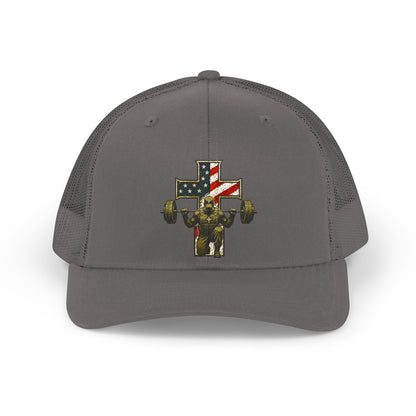 Retro Trucker Hat — American Flag Cross Weightlifter Mesh Cap