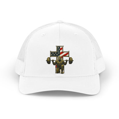 Retro Trucker Hat — American Flag Cross Weightlifter Mesh Cap