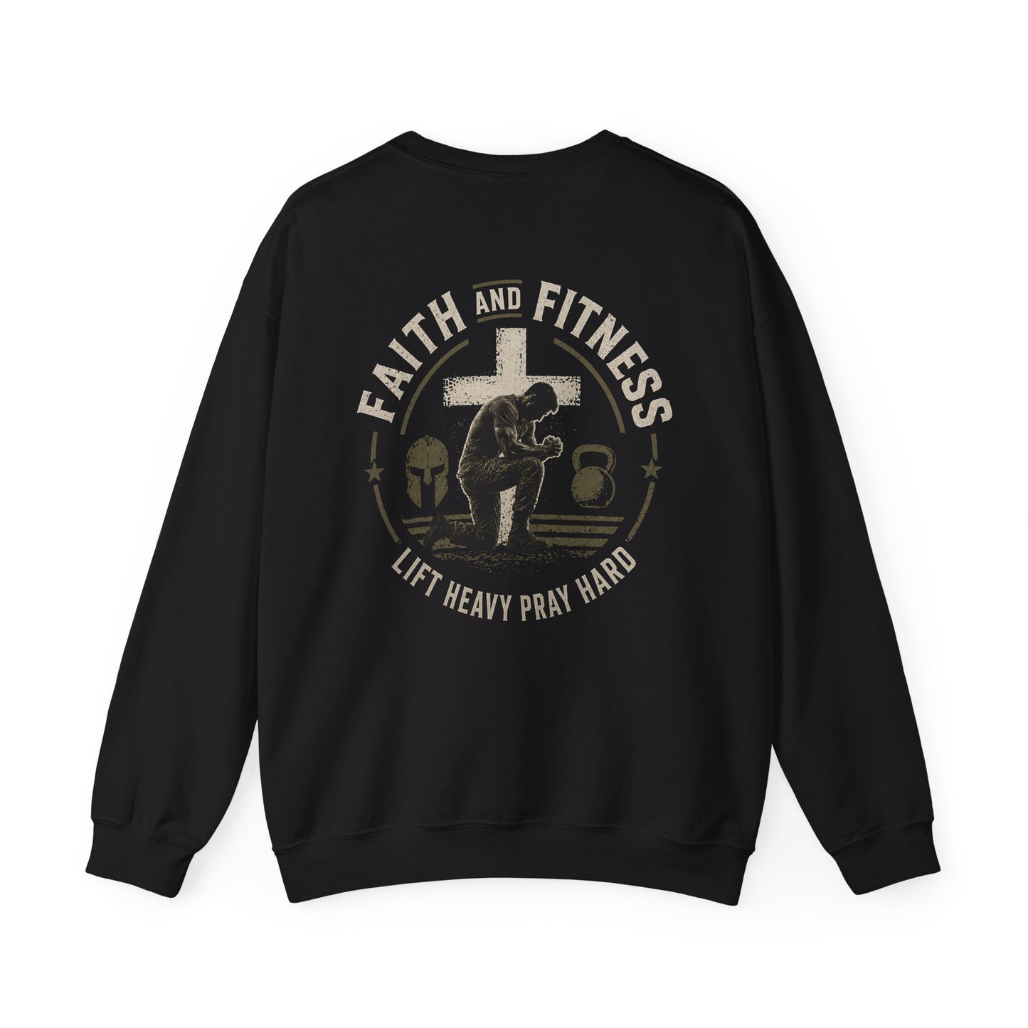 Faith & Fitness Crewneck Sweatshirt — “Lift Heavy Pray Hard” Christian Gym Pullover